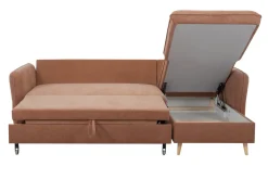 Canapé d'angle convertible réversible avec coffre 3-4 places en tissu effet velours terre brûlée et bois clair DRISS