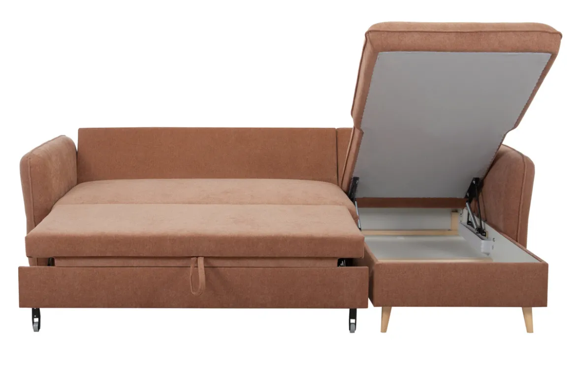 Canapé d'angle convertible réversible avec coffre 3-4 places en tissu effet velours terre brûlée et bois clair DRISS