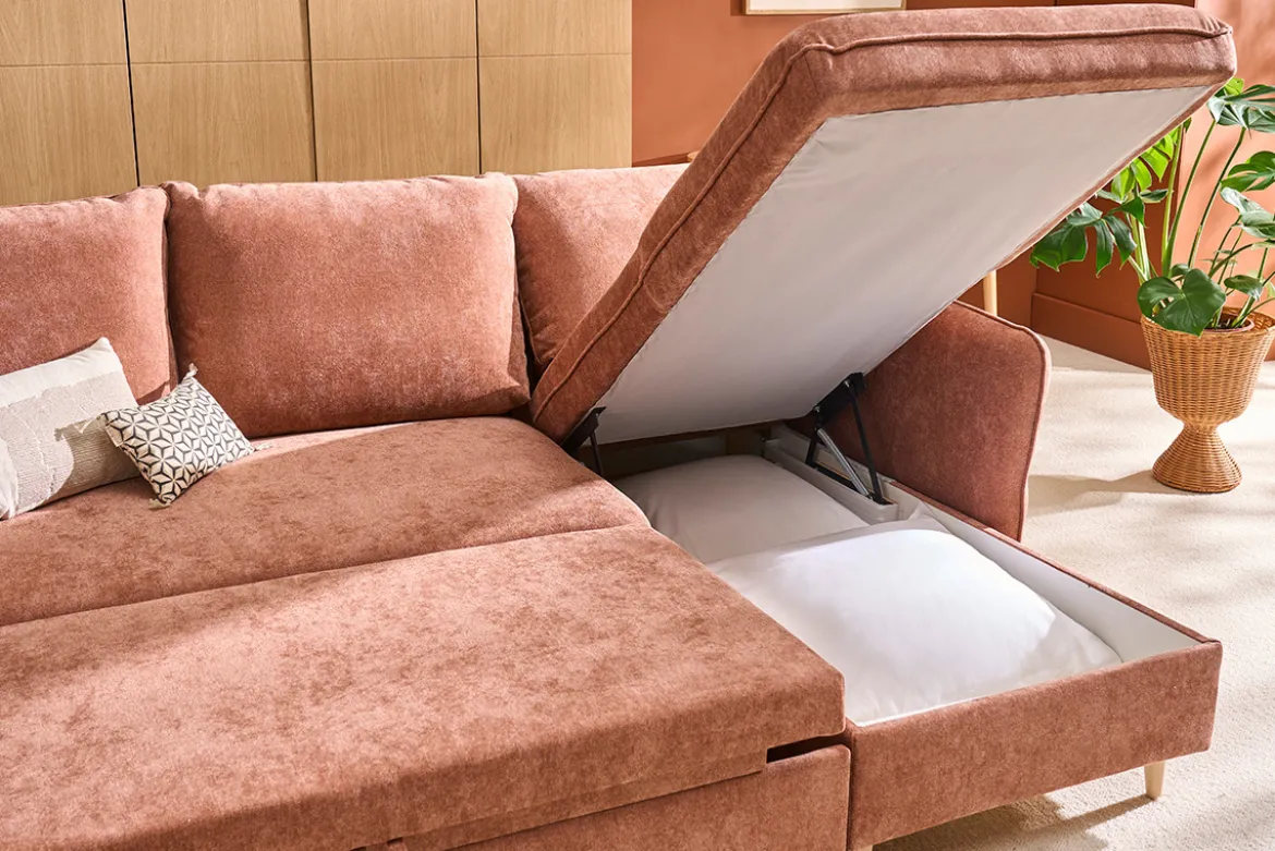 Canapé d'angle convertible réversible avec coffre 3-4 places en tissu effet velours terre brûlée et bois clair DRISS