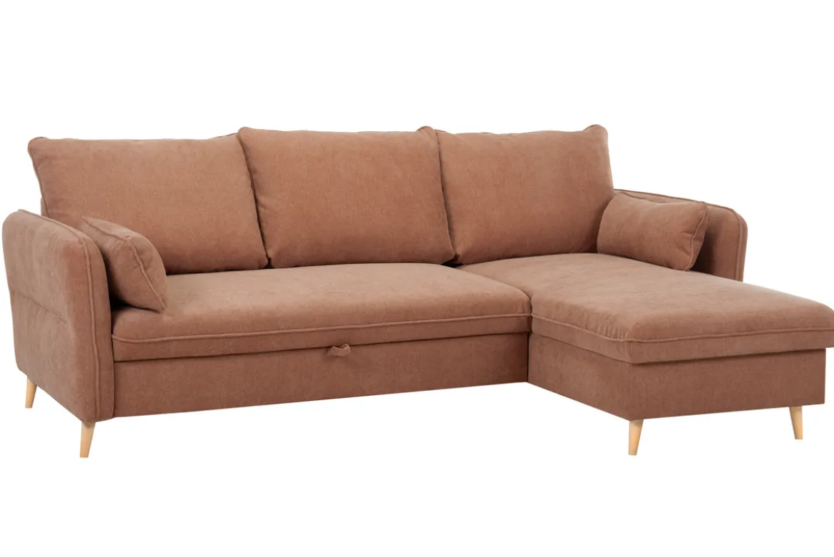 Canapé d'angle convertible réversible avec coffre 3-4 places en tissu effet velours terre brûlée et bois clair DRISS