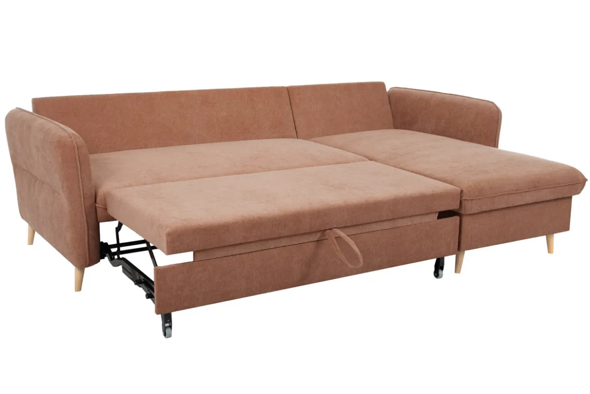 Canapé d'angle convertible réversible avec coffre 3-4 places en tissu effet velours terre brûlée et bois clair DRISS