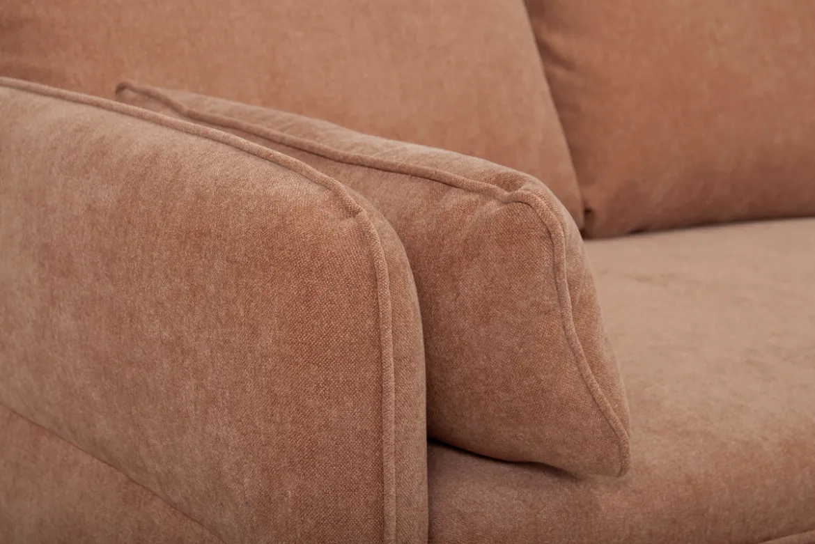 Canapé d'angle convertible réversible avec coffre 3-4 places en tissu effet velours terre brûlée et bois clair DRISS
