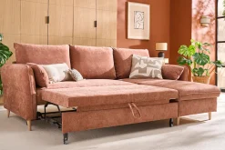 Canapé d'angle convertible réversible avec coffre 3-4 places en tissu effet velours terre brûlée et bois clair DRISS
