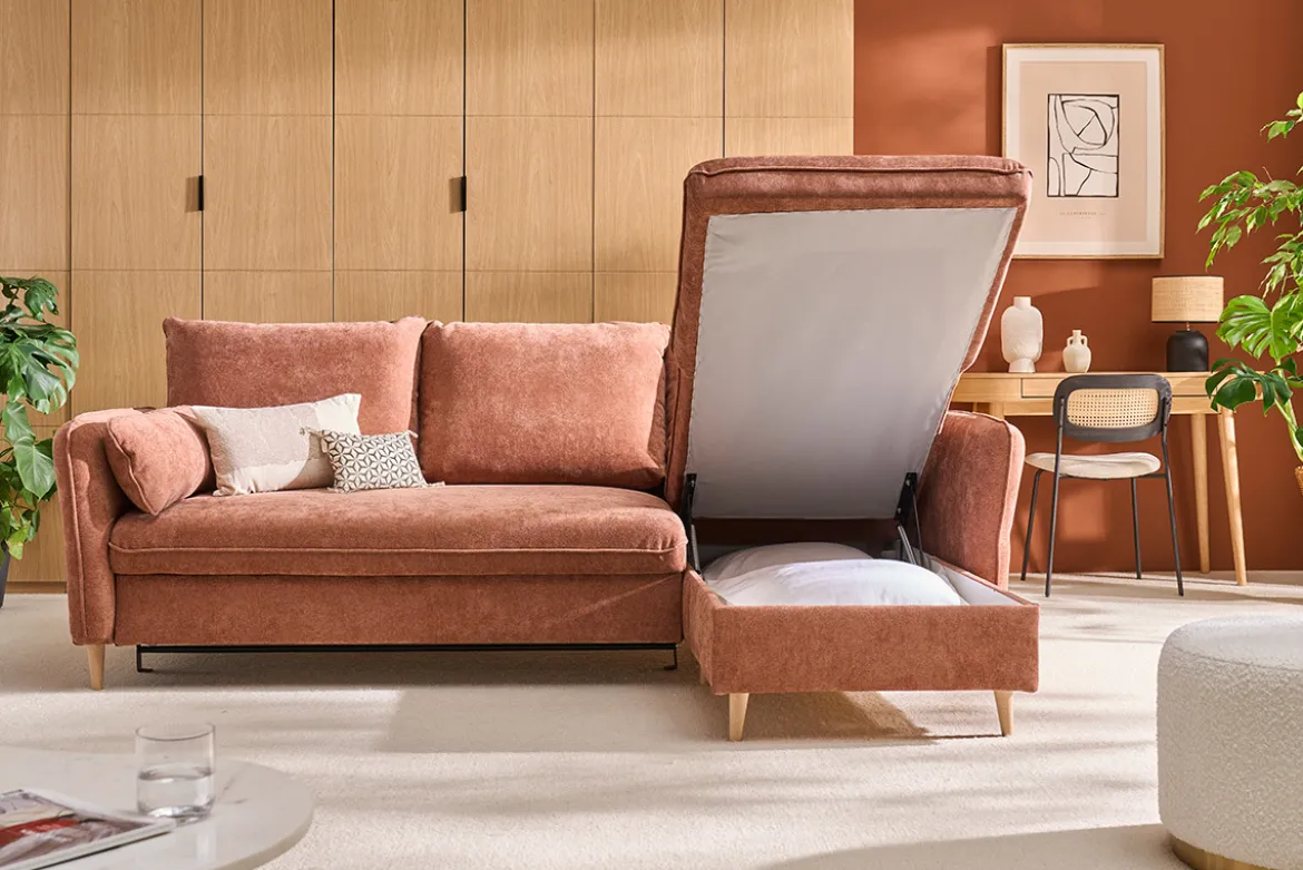 Canapé d'angle convertible réversible avec coffre 3-4 places en tissu effet velours terre brûlée et bois clair DRISS