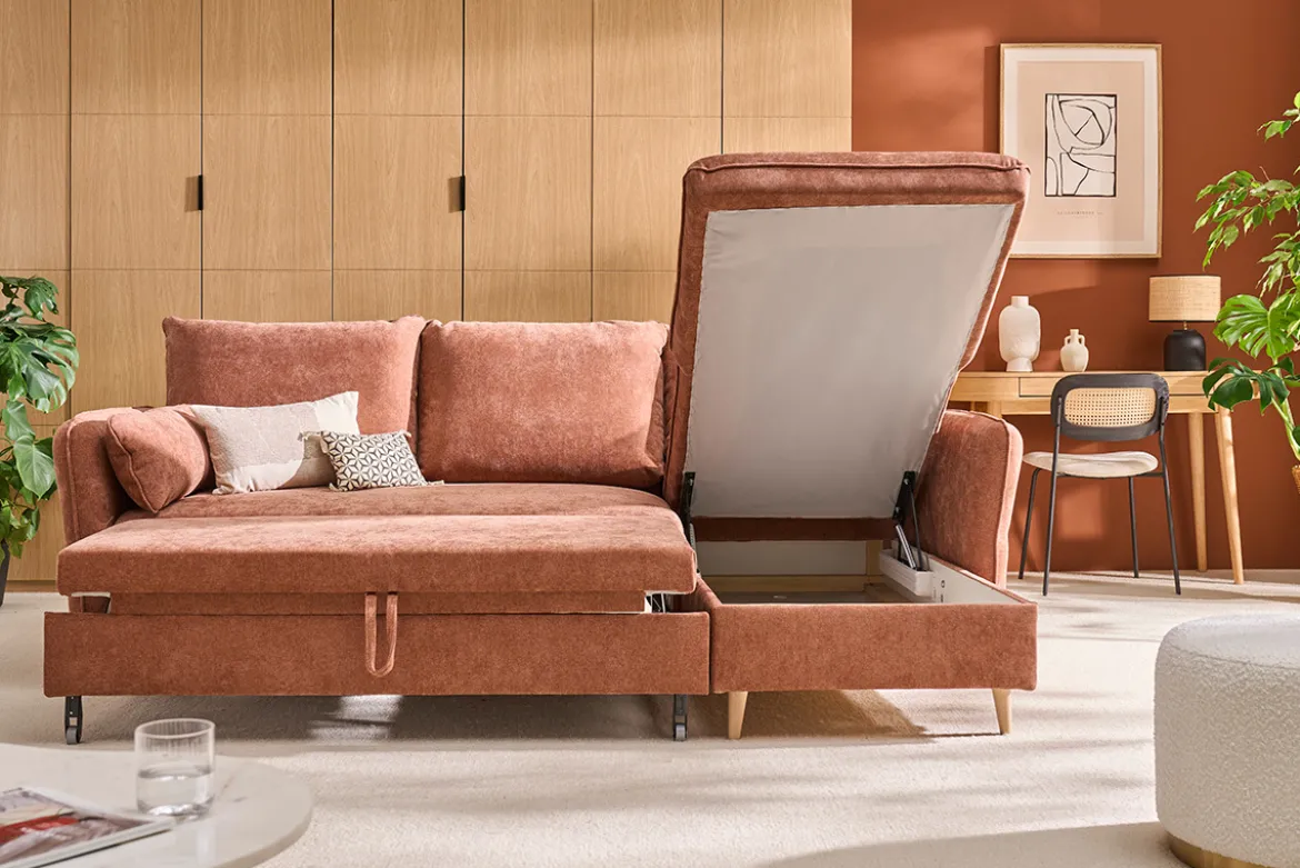 Canapé d'angle convertible réversible avec coffre 3-4 places en tissu effet velours terre brûlée et bois clair DRISS