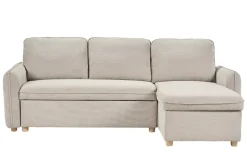 Canapé d'angle convertible réversible avec coffre 3 places en tissu chenille beige et bois clair ORSO