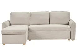 Canapé d'angle convertible réversible avec coffre 3 places en tissu chenille beige et bois clair ORSO