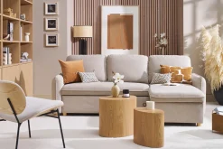 Canapé d'angle convertible réversible avec coffre 3 places en tissu chenille beige et bois clair ORSO