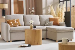 Canapé d'angle convertible réversible avec coffre 3 places en tissu chenille beige et bois clair ORSO