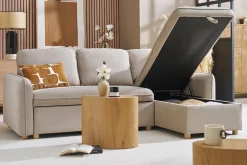 Canapé d'angle convertible réversible avec coffre 3 places en tissu chenille beige et bois clair ORSO
