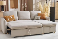 Canapé d'angle convertible réversible avec coffre 3 places en tissu chenille beige et bois clair ORSO