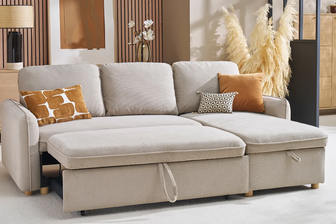 Canapé d'angle convertible réversible avec coffre 3 places en tissu chenille beige et bois clair ORSO