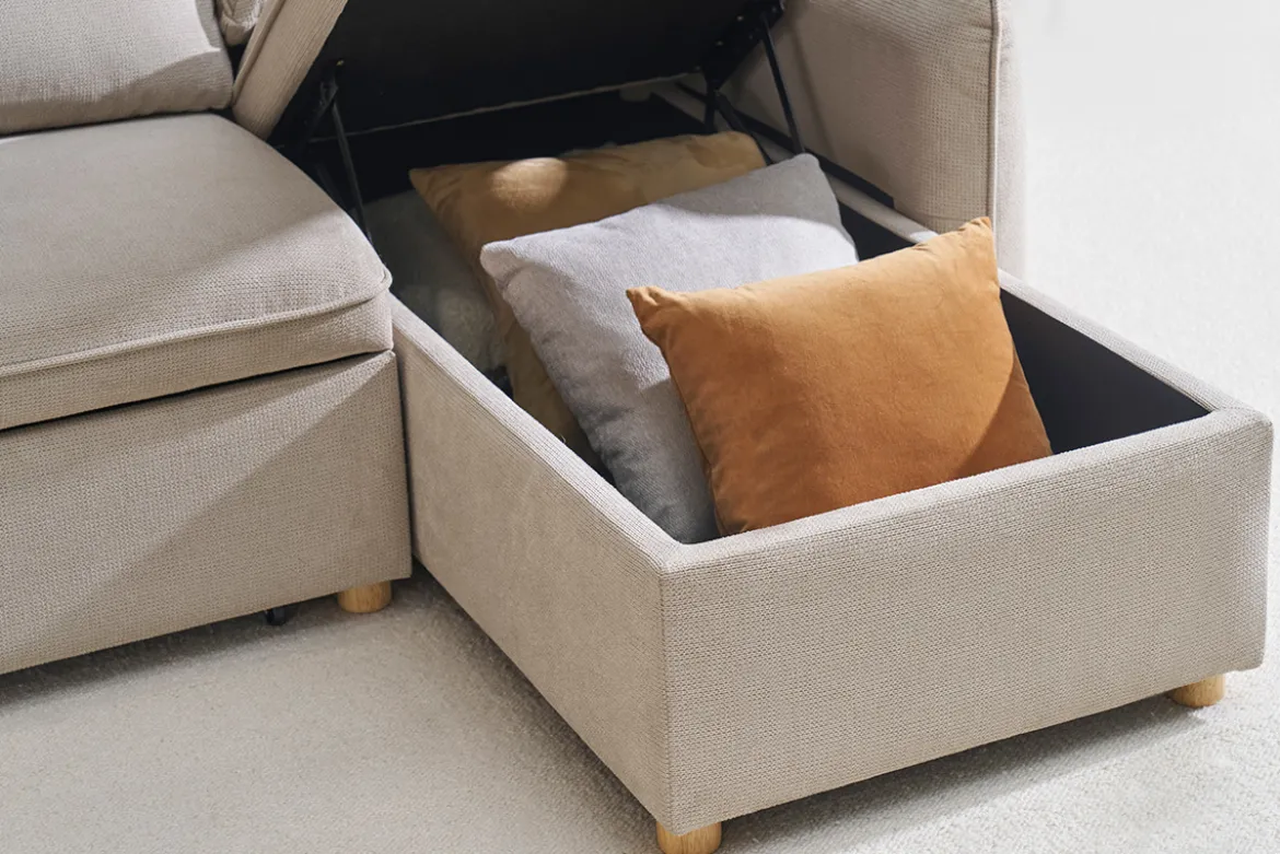 Canapé d'angle convertible réversible avec coffre 3 places en tissu chenille beige et bois clair ORSO