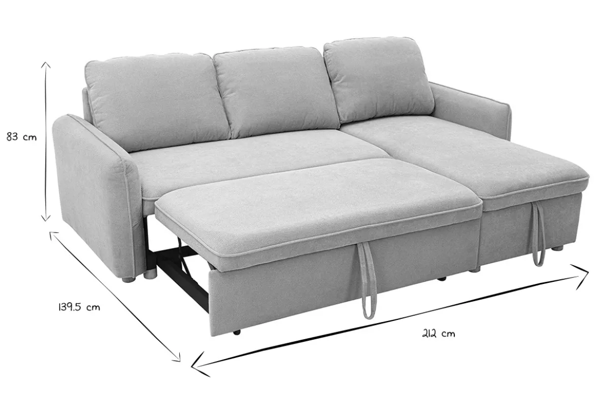 Canapé d'angle convertible réversible avec coffre 3 places en tissu chenille beige et bois clair ORSO
