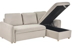 Canapé d'angle convertible réversible avec coffre 3 places en tissu chenille beige et bois clair ORSO