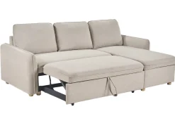 Canapé d'angle convertible réversible avec coffre 3 places en tissu chenille beige et bois clair ORSO