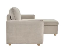 Canapé d'angle convertible réversible avec coffre 3 places en tissu chenille beige et bois clair ORSO