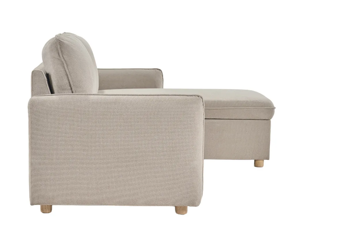 Canapé d'angle convertible réversible avec coffre 3 places en tissu chenille beige et bois clair ORSO