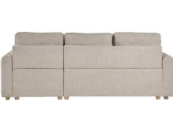 Canapé d'angle convertible réversible avec coffre 3 places en tissu chenille beige et bois clair ORSO