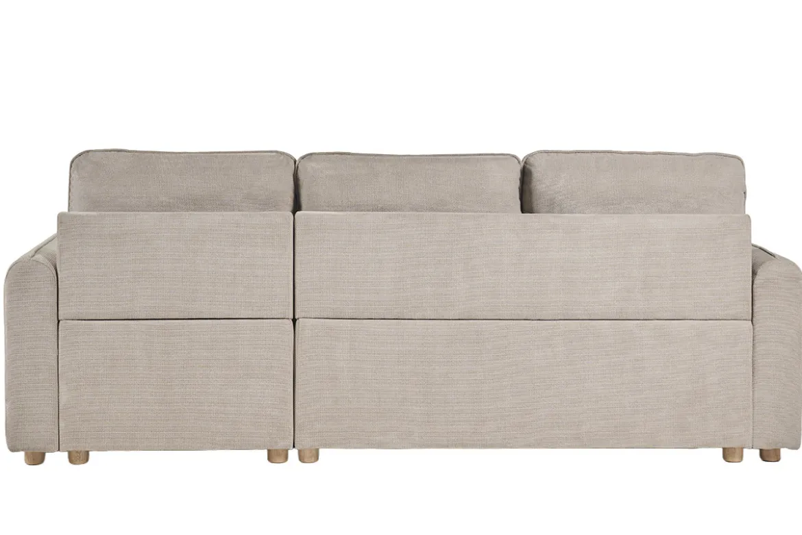 Canapé d'angle convertible réversible avec coffre 3 places en tissu chenille beige et bois clair ORSO