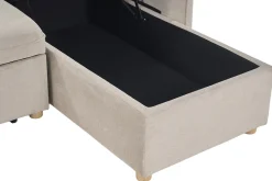 Canapé d'angle convertible réversible avec coffre 3 places en tissu chenille beige et bois clair ORSO