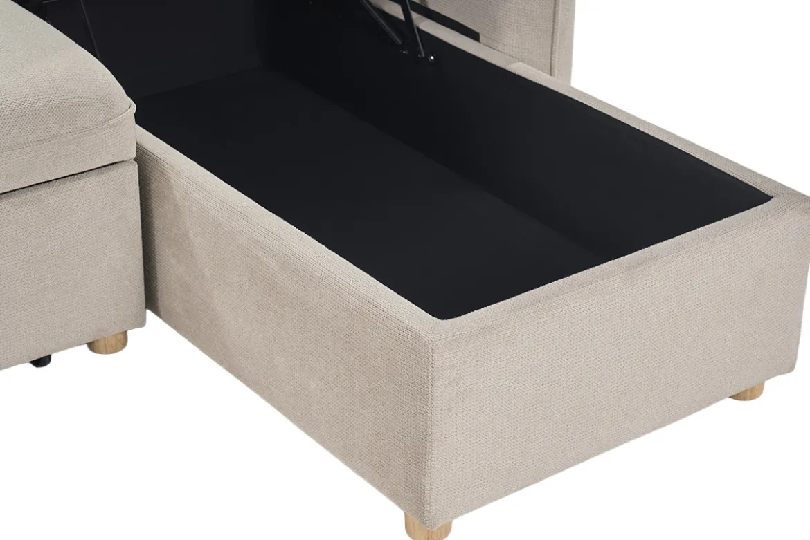 Canapé d'angle convertible réversible avec coffre 3 places en tissu chenille beige et bois clair ORSO