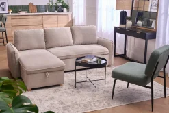 Canapé d'angle convertible réversible avec coffre 3 places en tissu chenille beige et bois clair ORSO