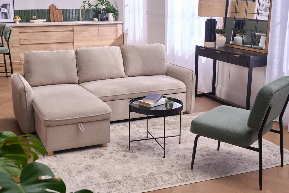 Canapé d'angle convertible réversible avec coffre 3 places en tissu chenille beige et bois clair ORSO