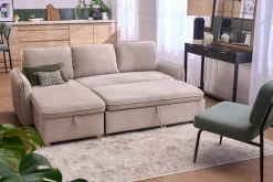 Canapé d'angle convertible réversible avec coffre 3 places en tissu chenille beige et bois clair ORSO