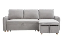 Canapé d'angle convertible réversible avec coffre 3 places en tissu chenille gris et bois clair ORSO