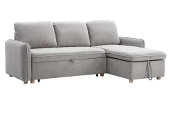 Canapé d'angle convertible réversible avec coffre 3 places en tissu chenille gris et bois clair ORSO