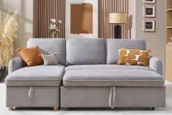 Canapé d'angle convertible réversible avec coffre 3 places en tissu chenille gris et bois clair ORSO
