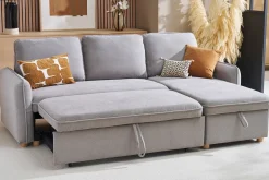Canapé d'angle convertible réversible avec coffre 3 places en tissu chenille gris et bois clair ORSO