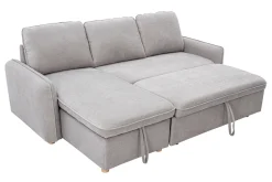 Canapé d'angle convertible réversible avec coffre 3 places en tissu chenille gris et bois clair ORSO