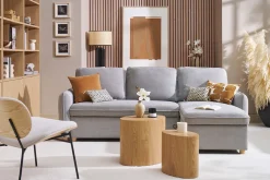 Canapé d'angle convertible réversible avec coffre 3 places en tissu chenille gris et bois clair ORSO