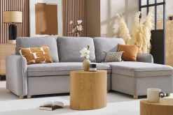 Canapé d'angle convertible réversible avec coffre 3 places en tissu chenille gris et bois clair ORSO