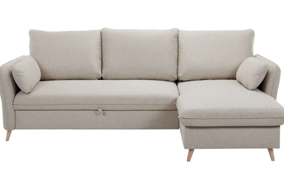 Canapé d'angle convertible réversible avec coffre 3-4 places en tissu beige et bois clair DRISS