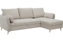 Canapé d'angle convertible réversible avec coffre 3-4 places en tissu beige et bois clair DRISS