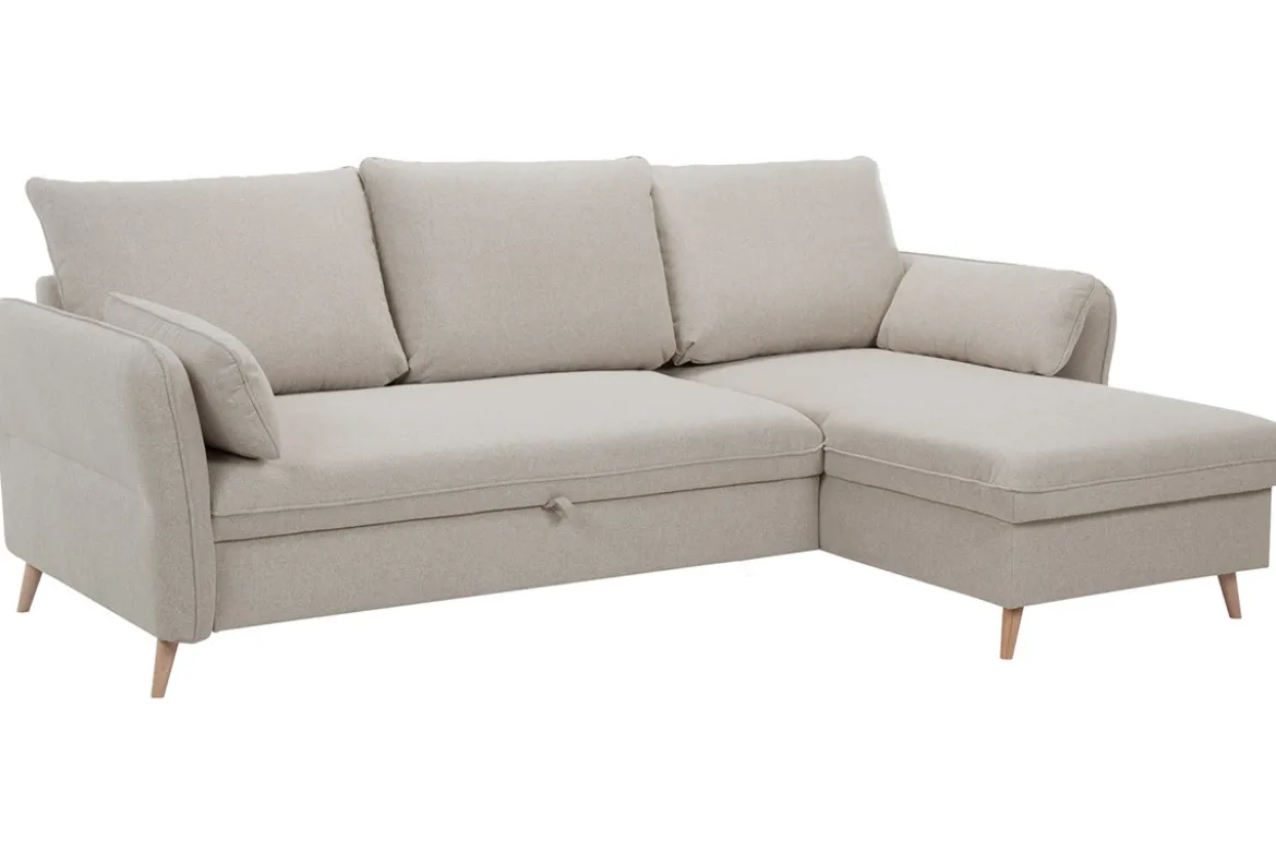 Canapé d'angle convertible réversible avec coffre 3-4 places en tissu beige et bois clair DRISS