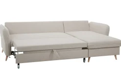 Canapé d'angle convertible réversible avec coffre 3-4 places en tissu beige et bois clair DRISS