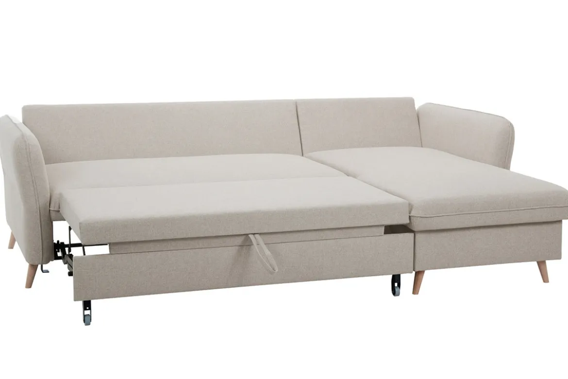 Canapé d'angle convertible réversible avec coffre 3-4 places en tissu beige et bois clair DRISS
