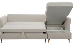 Canapé d'angle convertible réversible avec coffre 3-4 places en tissu beige et bois clair DRISS