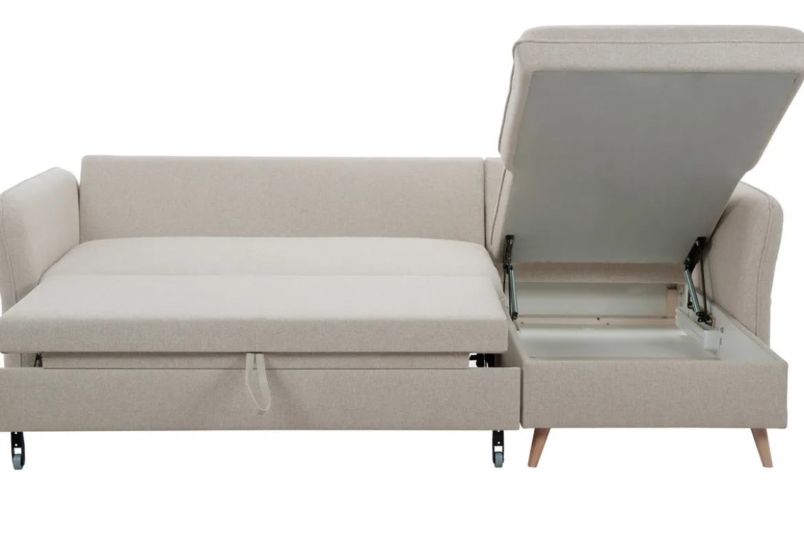 Canapé d'angle convertible réversible avec coffre 3-4 places en tissu beige et bois clair DRISS
