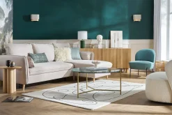 Canapé d'angle convertible réversible avec coffre 3-4 places en tissu beige et bois clair DRISS