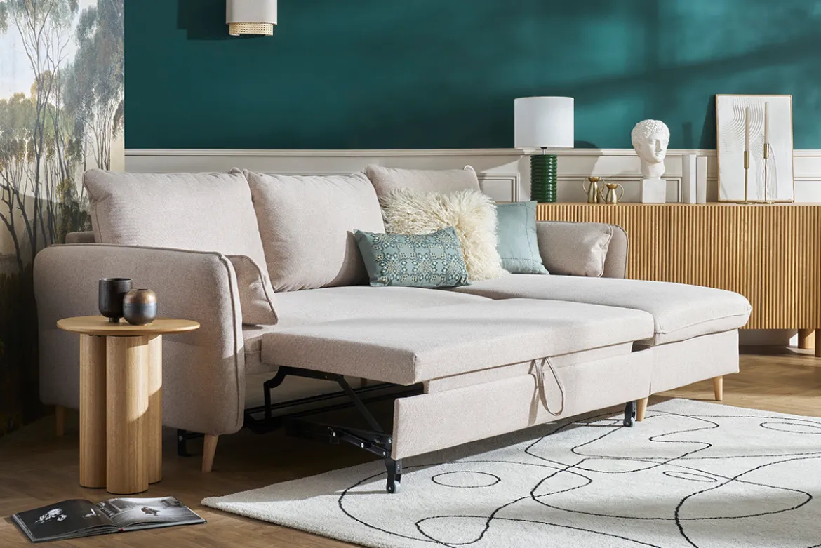 Canapé d'angle convertible réversible avec coffre 3-4 places en tissu beige et bois clair DRISS