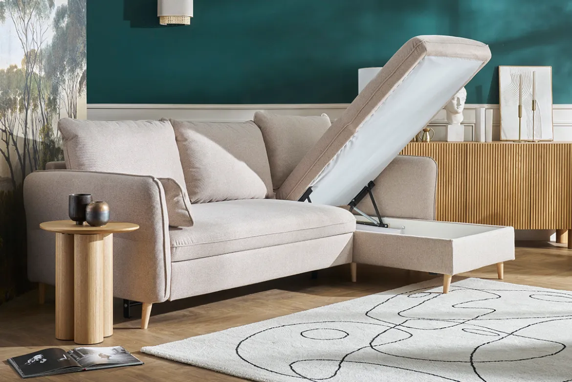 Canapé d'angle convertible réversible avec coffre 3-4 places en tissu beige et bois clair DRISS