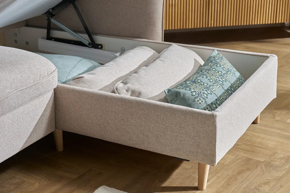 Canapé d'angle convertible réversible avec coffre 3-4 places en tissu beige et bois clair DRISS