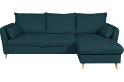 Canapé d'angle convertible réversible avec coffre 3-4 places en tissu bleu océan et bois clair DRISS