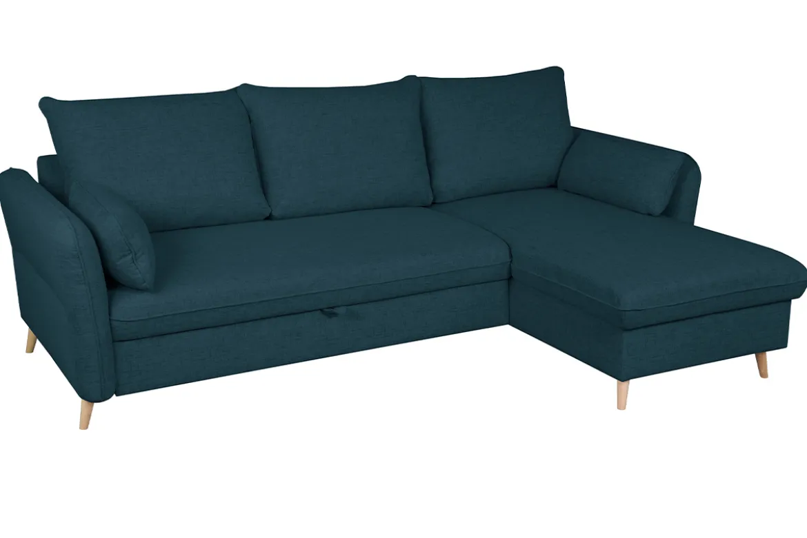 Canapé d'angle convertible réversible avec coffre 3-4 places en tissu bleu océan et bois clair DRISS