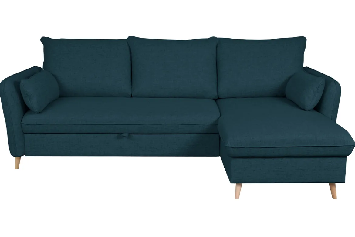 Canapé d'angle convertible réversible avec coffre 3-4 places en tissu bleu océan et bois clair DRISS